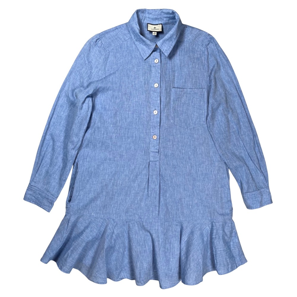 Tuckernuck Callahan Chambray Shirt Dress Women Small Blue Ruffle Hem Coastal
